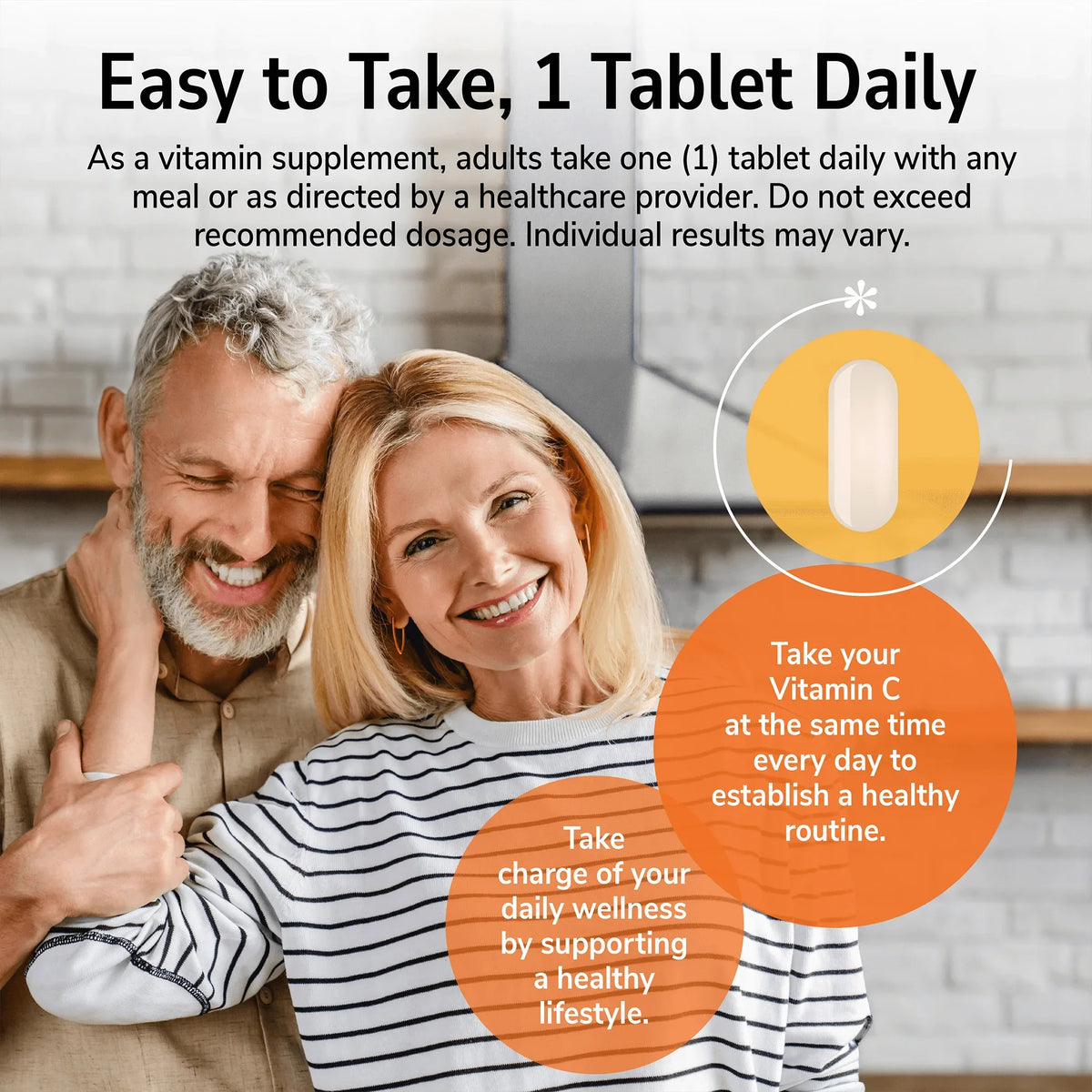 Man and woman smiling indoors with a product advertisement overlay and product directions