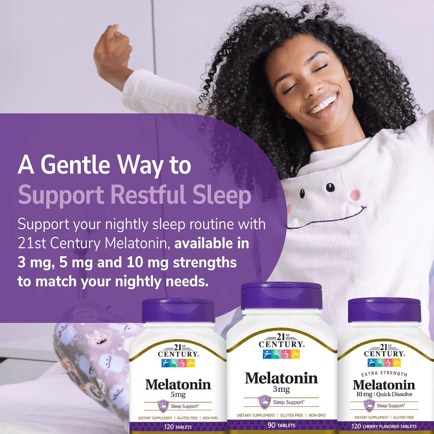 Woman lying down on bed, promoting 21st Century Melatonin supplements.