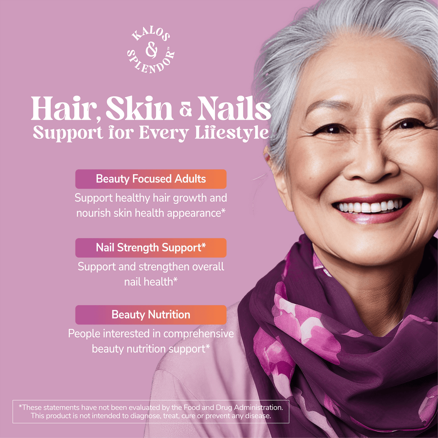 Advertisement for Kalos & Splendor hair, skin, and nails support with a woman wearing a purple scarf on a pink background.