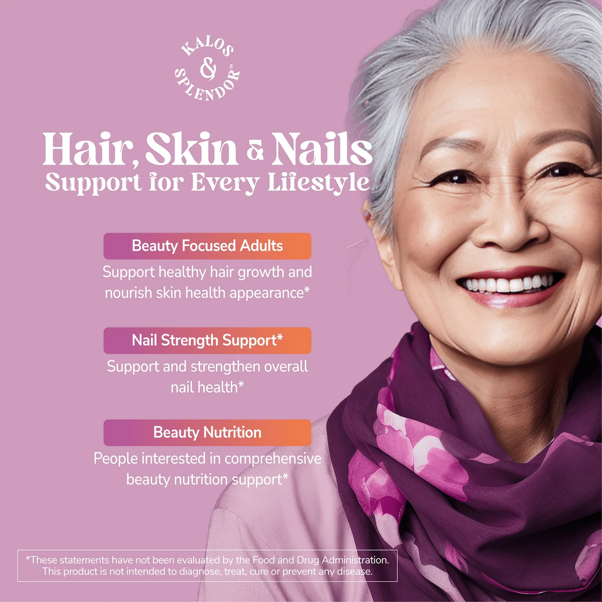 Advertisement for Kalos & Splendor hair, skin, and nails support with a woman wearing a purple scarf on a pink background.