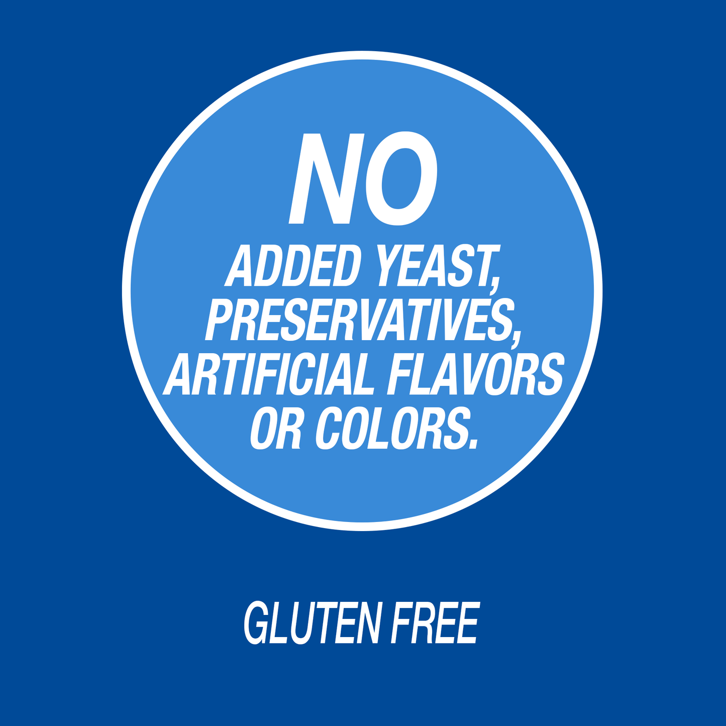 Graphic icon with the words no added yeast, preservatives. artificial flavors or colors, gluten free.
