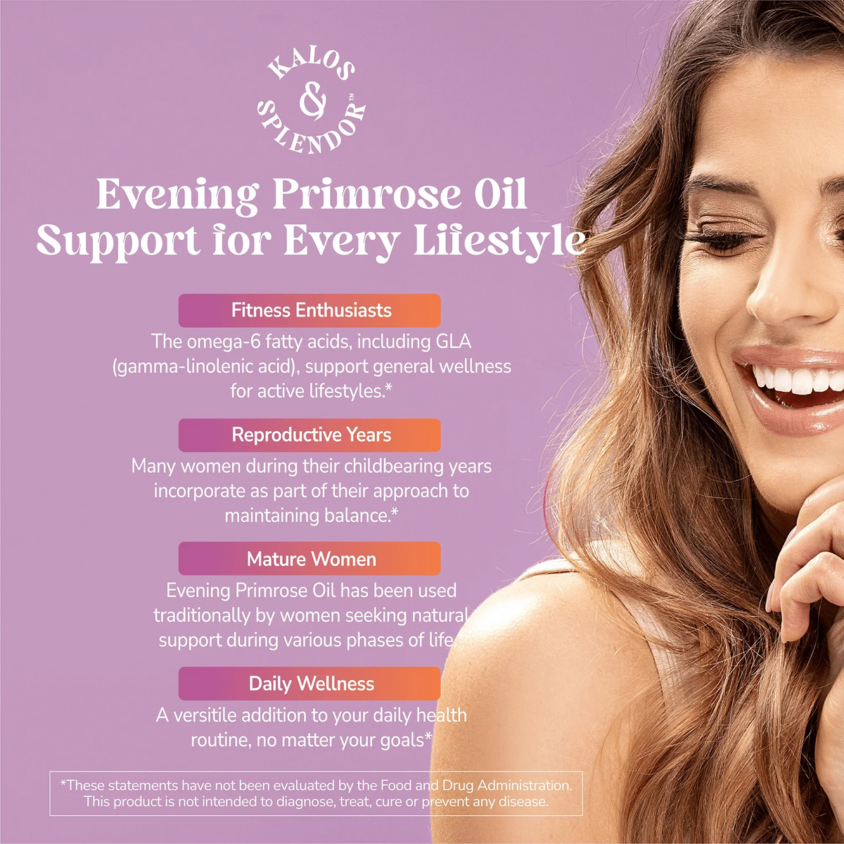 Advertisement for Kalos & Splendor Evening Primrose Oil with a woman on a purple background
