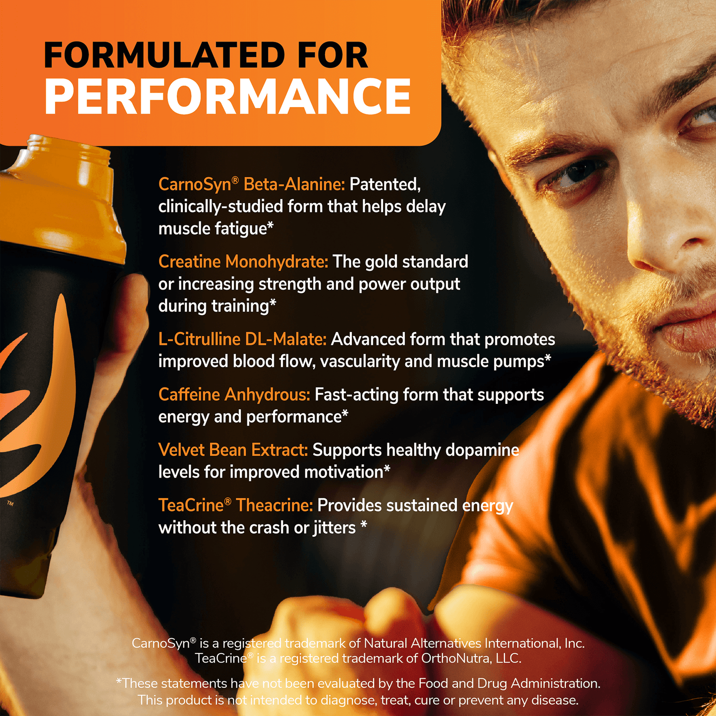 Product advertisement with a person holding a supplement container, featuring text about performance-enhancing ingredients.