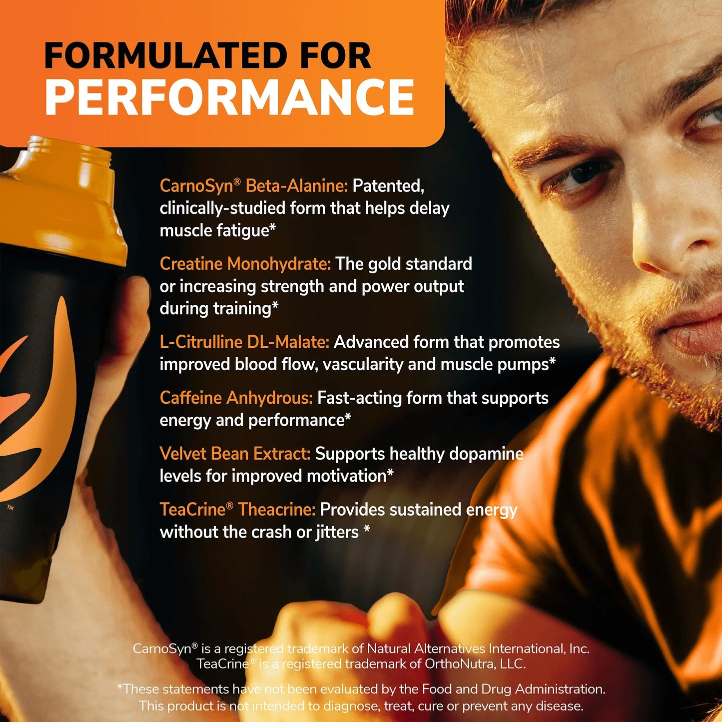 Product advertisement with a person holding a supplement container, featuring text about performance-enhancing ingredients.