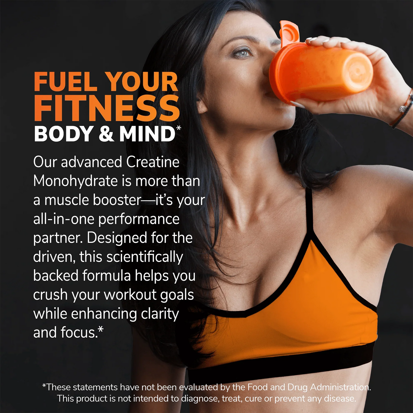 Woman in workout gear drinking from an orange shaker, creatine supplement fitness promotion