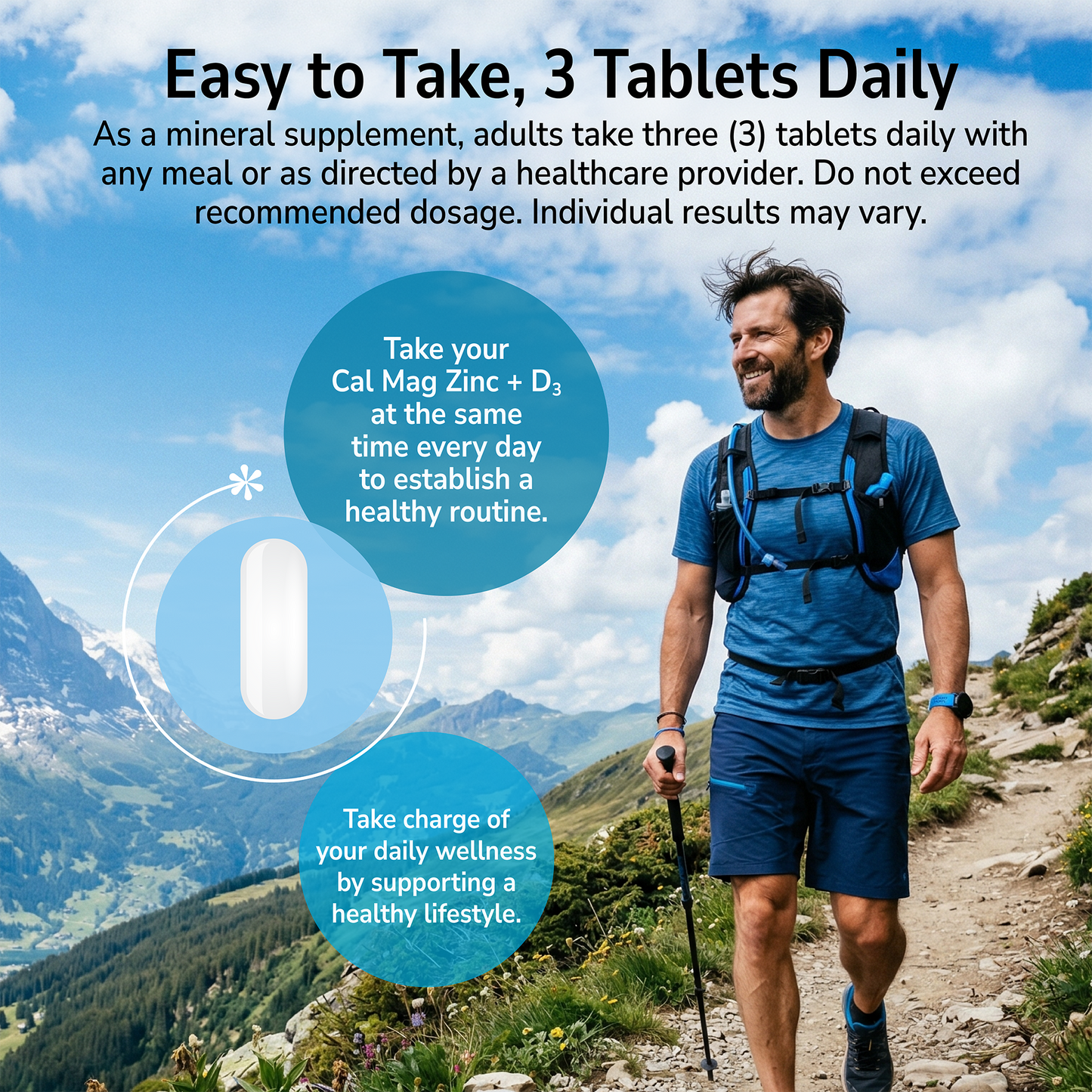 Man hiking outdoors with a product advertisement overlay and product directions