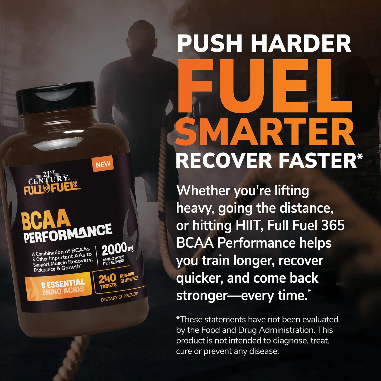A silhouetted image of a man battling ropes, and imgae of full fuel 365 bcaa performance, and the claims push harder, fuel smarter, recover faster, and whether you're lifting heavy, going the distance, or hitting hiit, full fuel 365 bcaa performance helps you train longer, recover quicker, and come back stronger - every time.