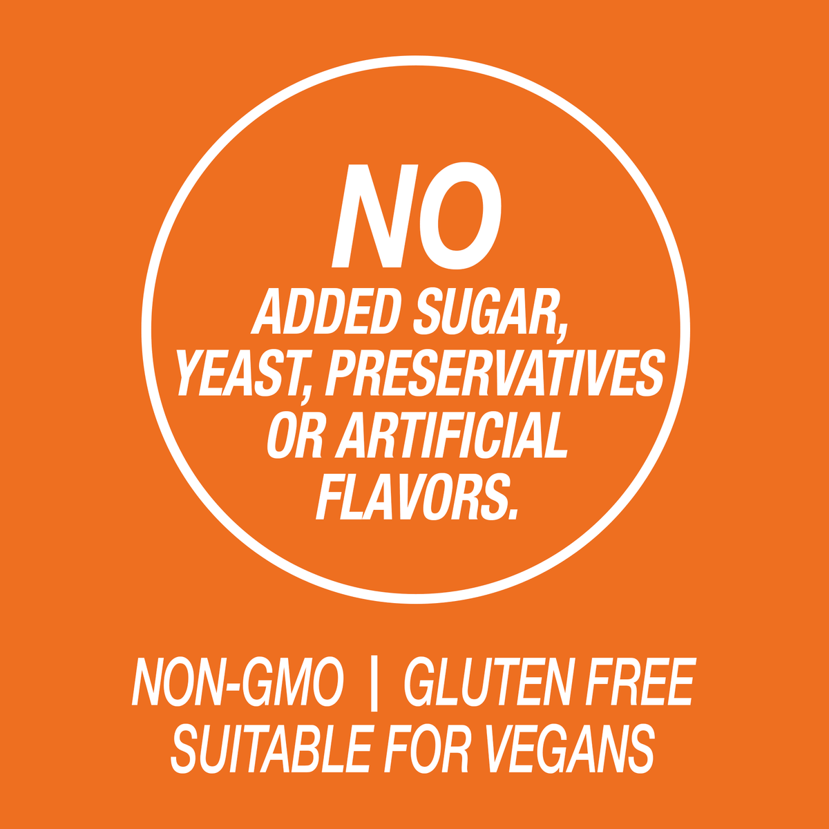 A graphic icon with the words no added sugar, yeast, preservatives or artificial flavors, non-GMO, gluten free and suitable for vegans.