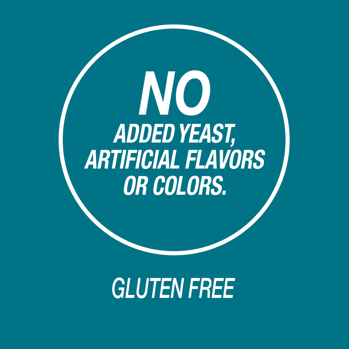 A graphic icon with the words no added yeast, artificial flavors or colors and gluten free.