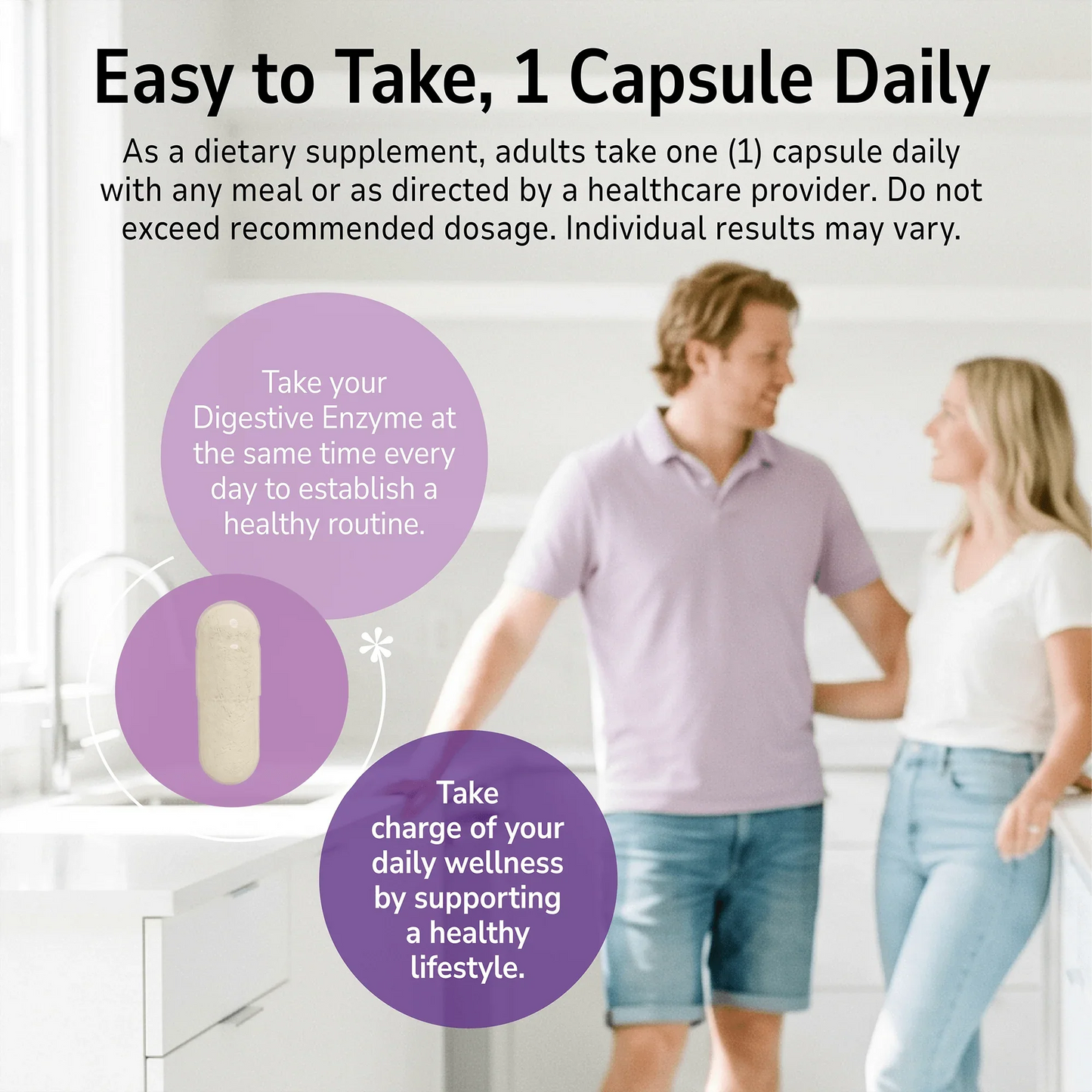 Man and woman smiling indoors with a product advertisement overlay and product directions