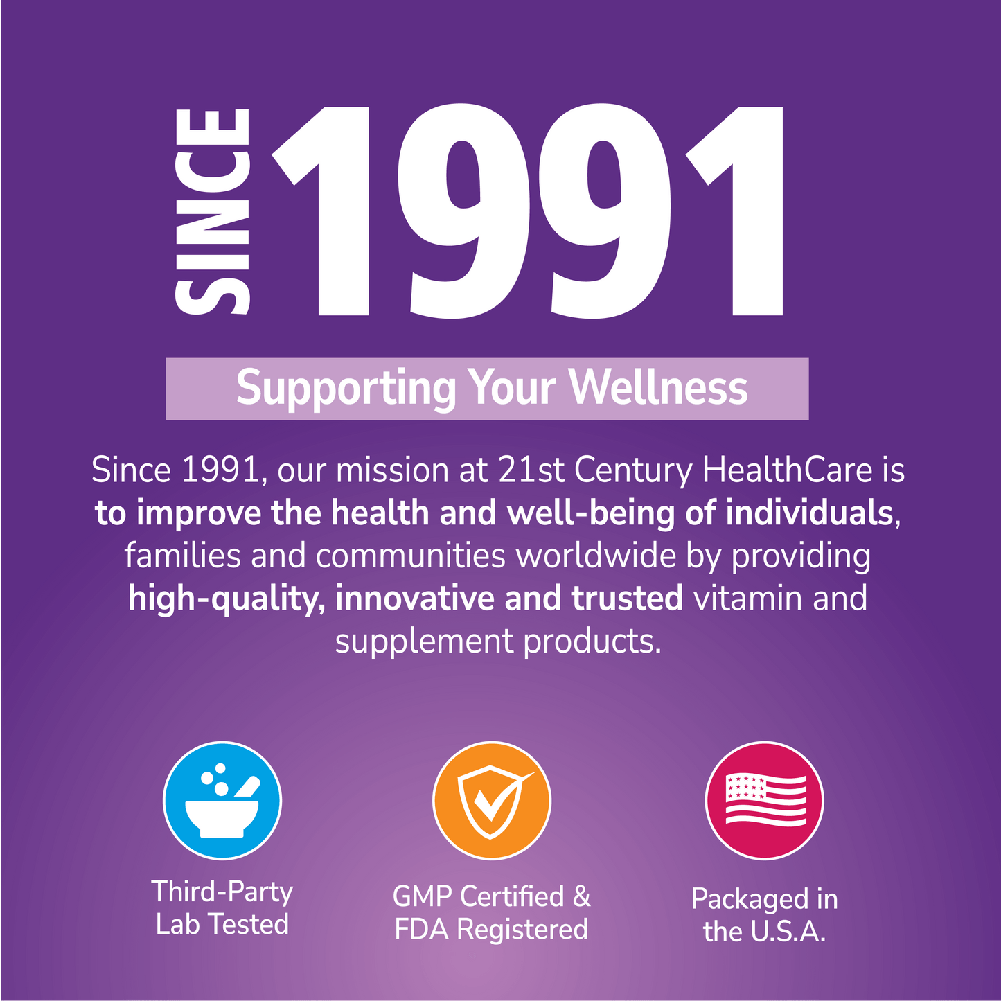 Promotional graphic for 21st Century HealthCare with text and icons on a purple background