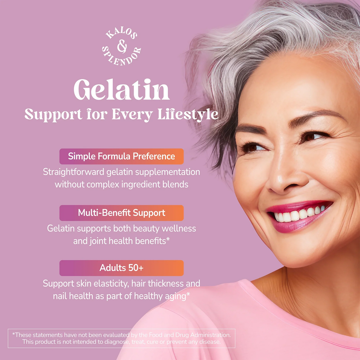 Kalos & Splendor Gelatin product benefits on a pink background