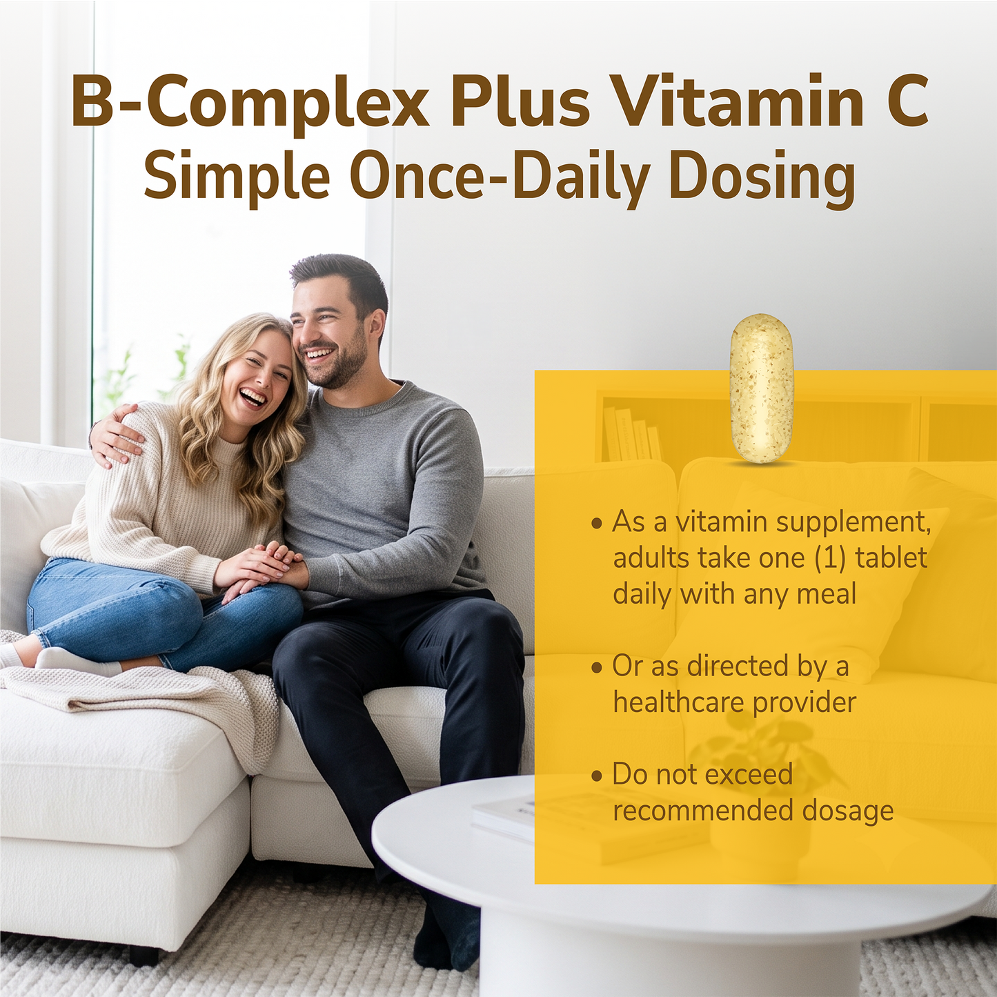 Man and woman smiling indoors with a product advertisement overlay and product directions