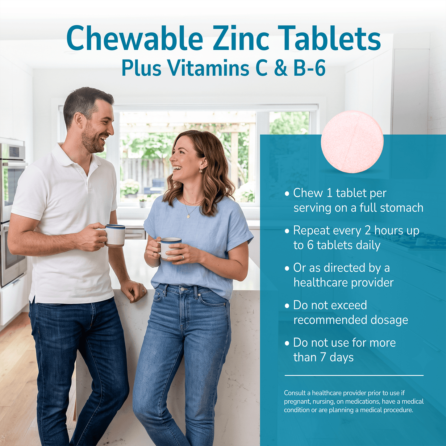 Man and woman smiling indoors with a product advertisement overlay and product directions