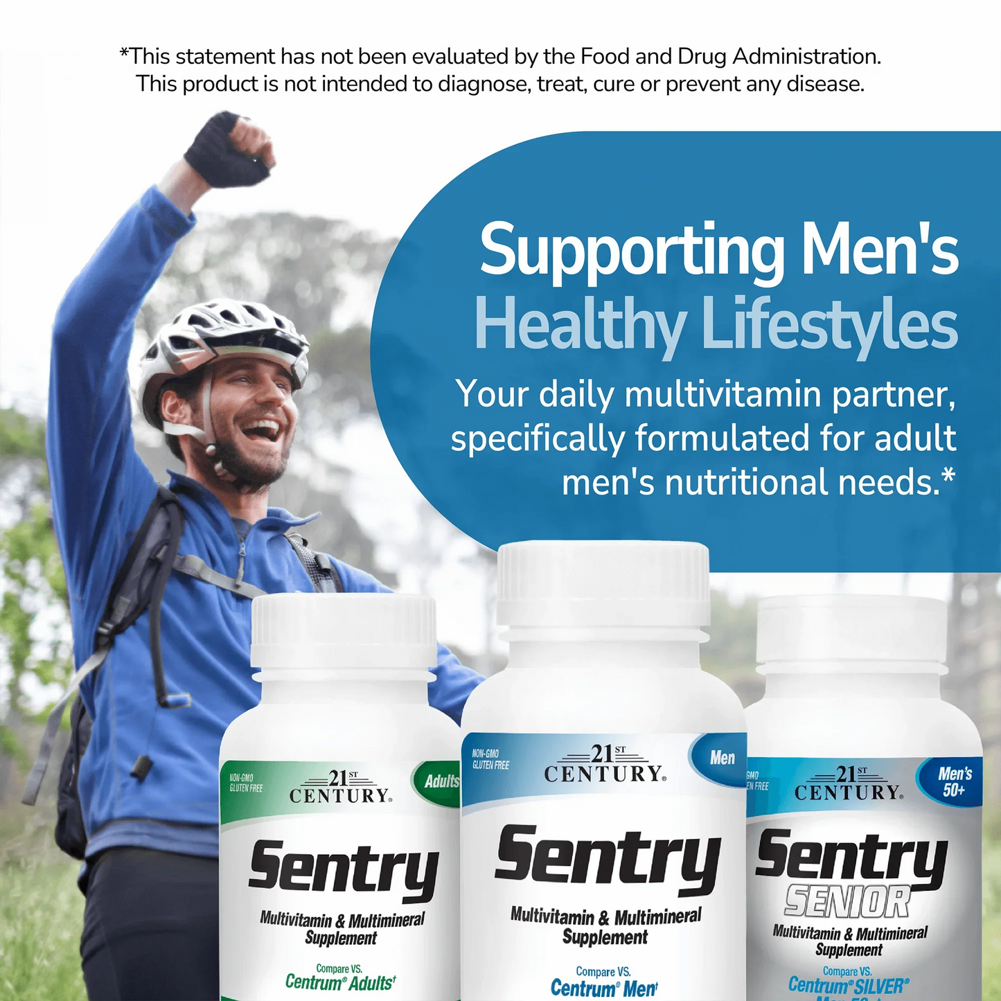 An image of a man on a mountain bike with his hand in the air making a fist with trees in the background, a bottle of sentry adults, sentry men and sentry senior, and the claim supporting men's healthy lifestyles, your daily multivitamin partner, specifically formulated for adult men's nutritional needs.