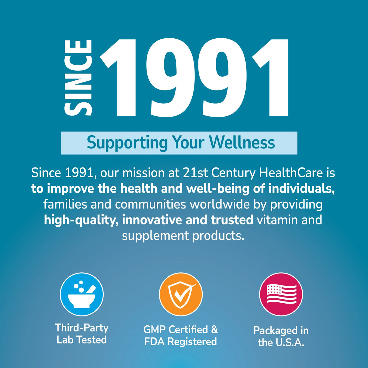 Promotional graphic for 21st Century HealthCare with text and icons on a blue background