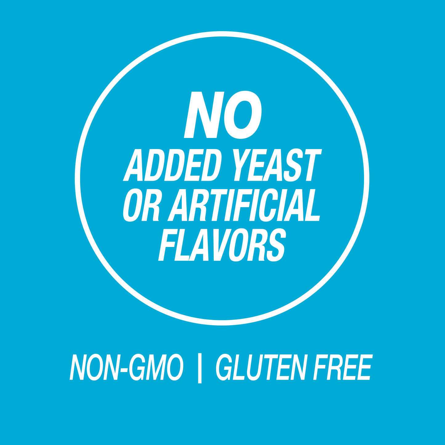 A graphic icon with the words no added yeast or artificial flavors, non-GMO and gluten free.