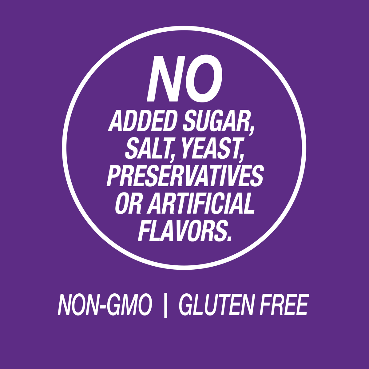 A graphic icon with the words no added sugar, salt, yeast, preservatives or artificial flavors, non-GMO and gluten free.