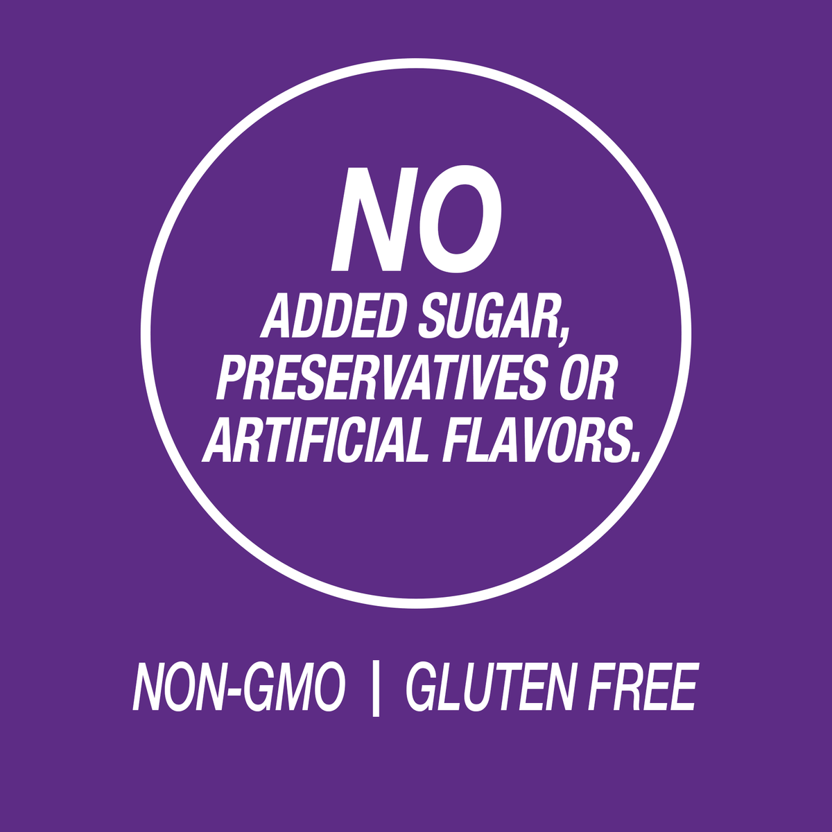 A graphic icon with the words no added sugar, preservatives or artificial flavors, non-GMO and gluten free.
