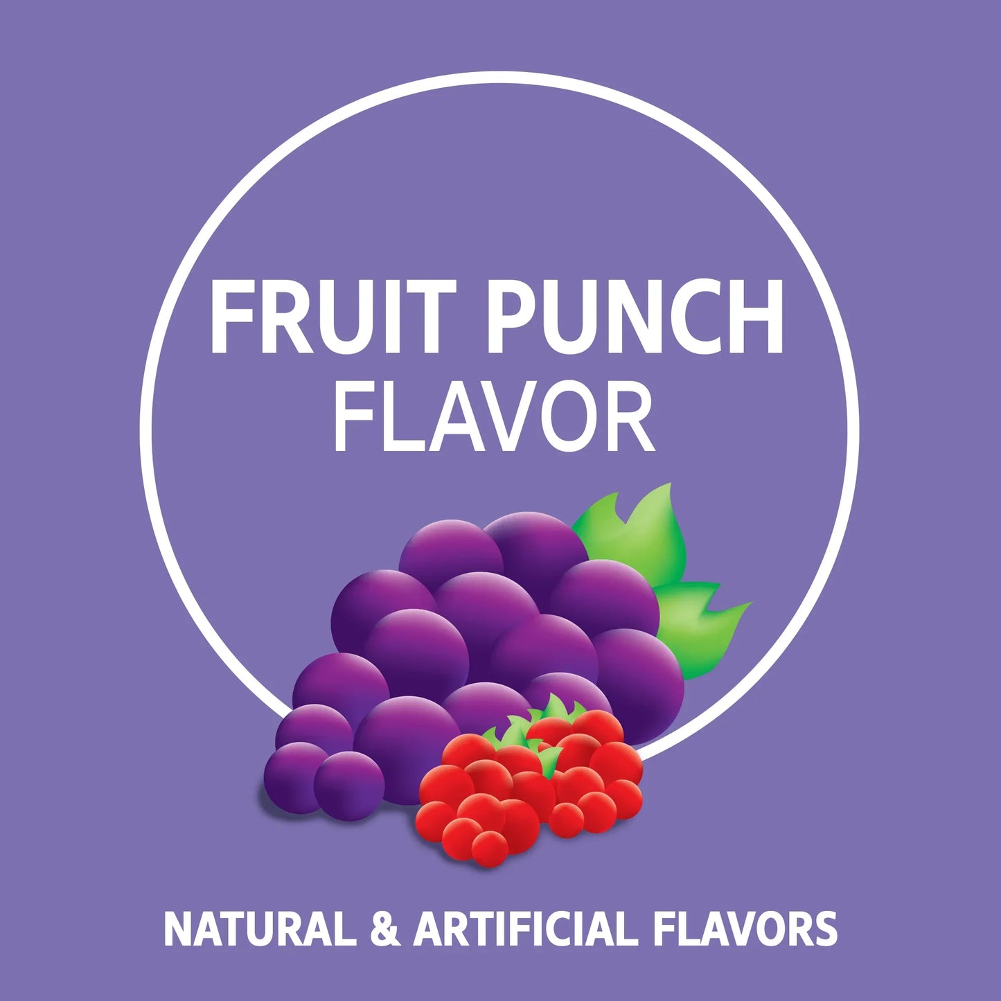 A graphic image of raspberries and grapes with the words fruit punch flavor and natural and artificial flavors.