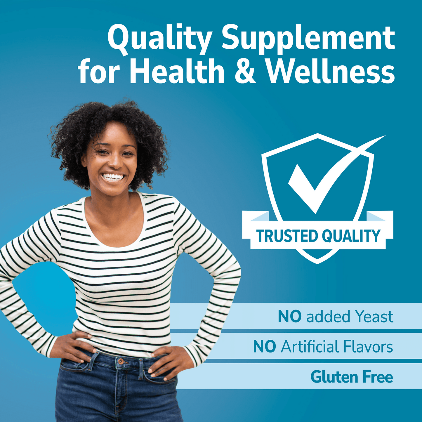 Woman with 'Good For You' branding on a blue background