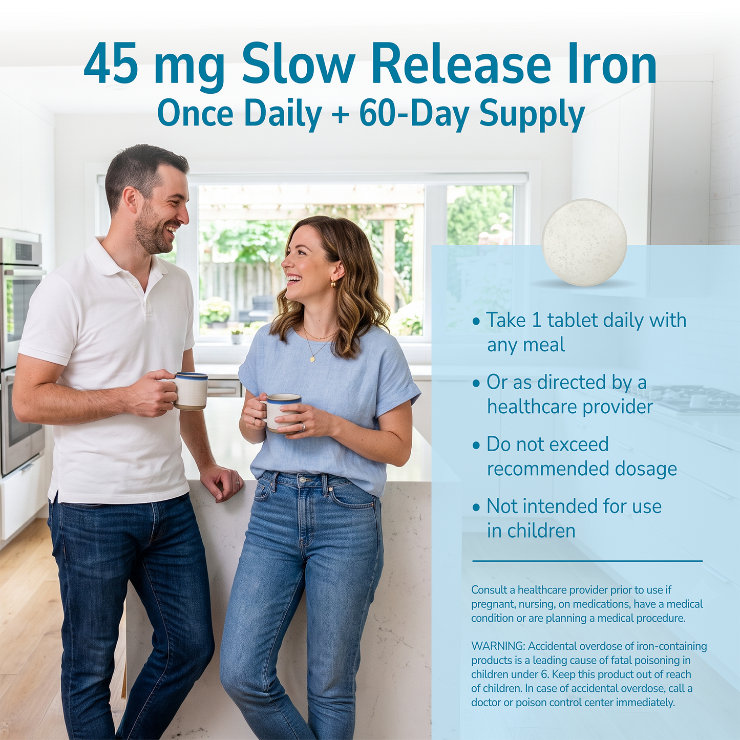 Man and woman smiling indoors with a product advertisement overlay and product directions