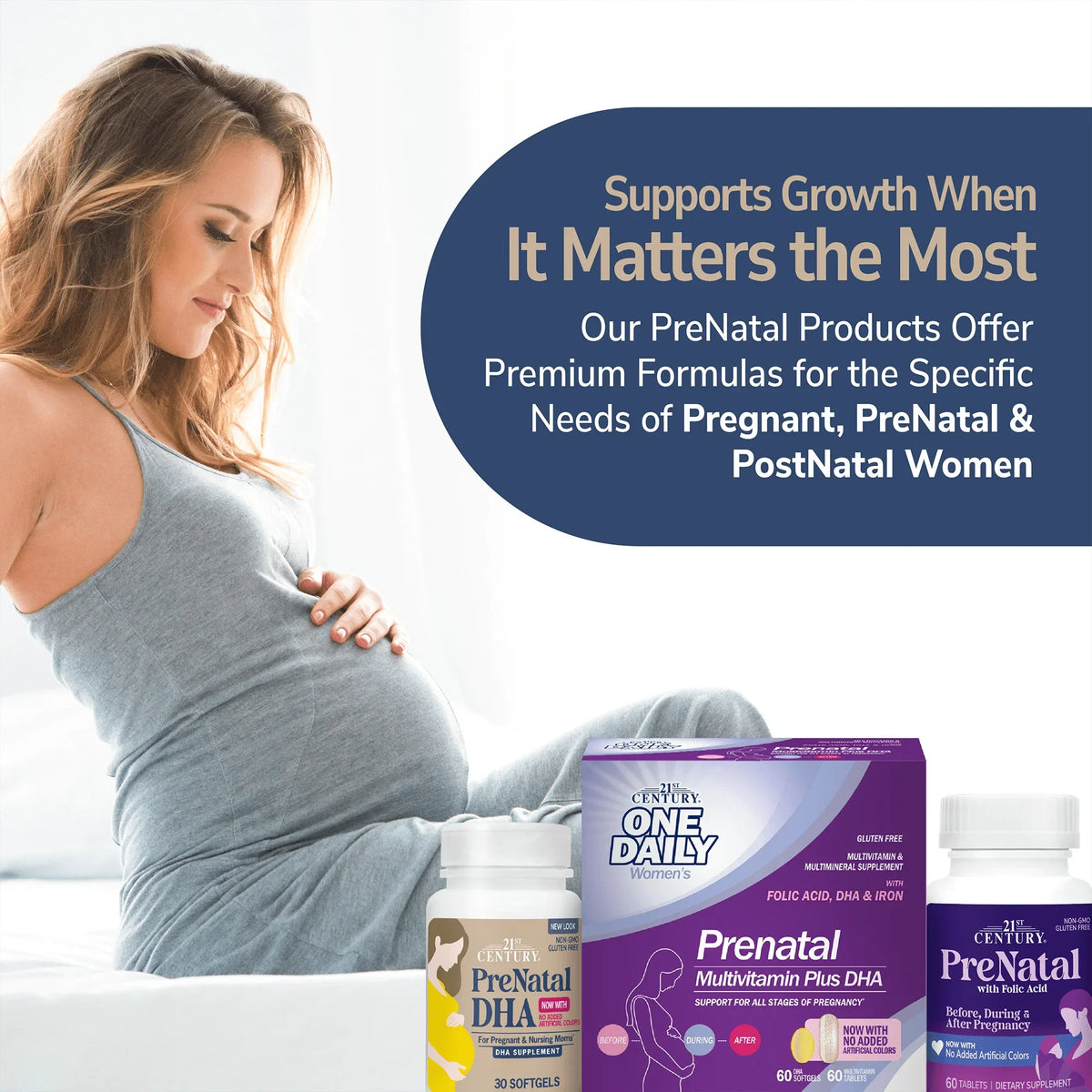 Pregnant woman with Prenatal vitamin products