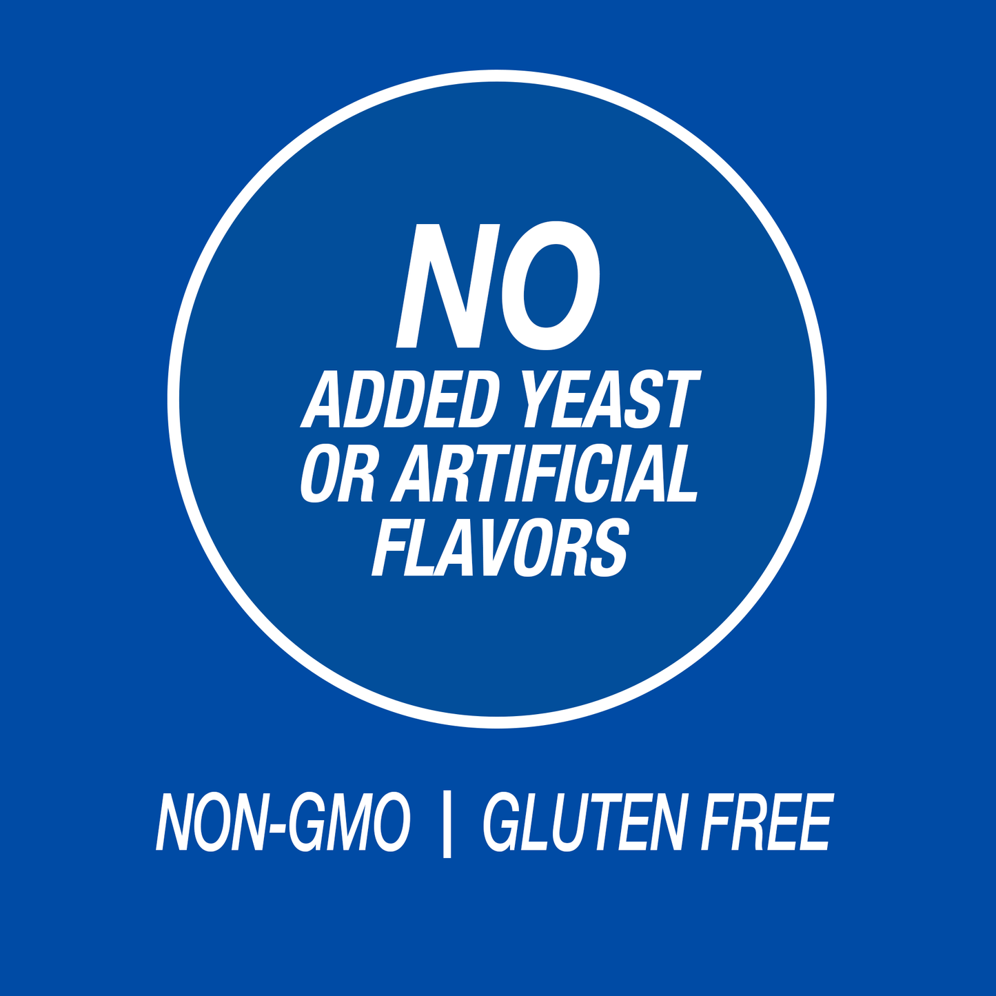 A graphic icon with the words no added yeast or artificial flavors, non-GMO and gluten free.