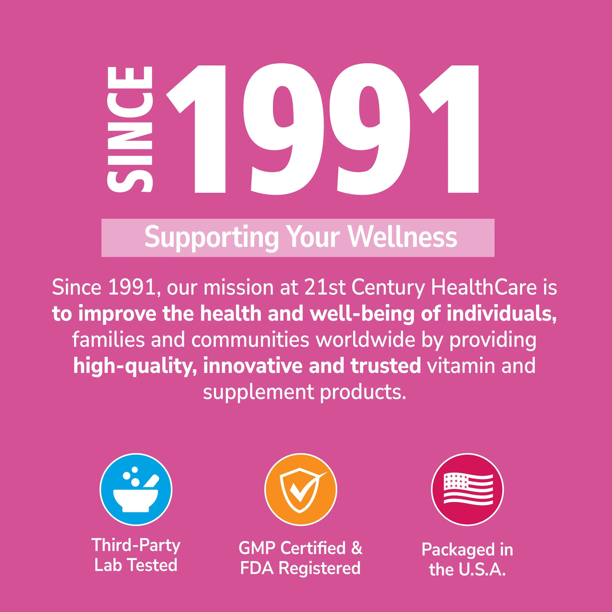 Promotional graphic for 21st Century HealthCare with text and icons on a pink background