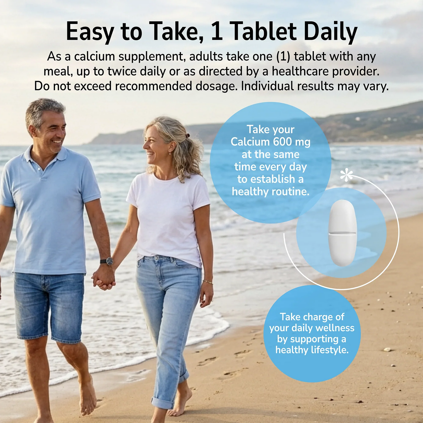 Couple walking on a beach with health supplement information overlay
