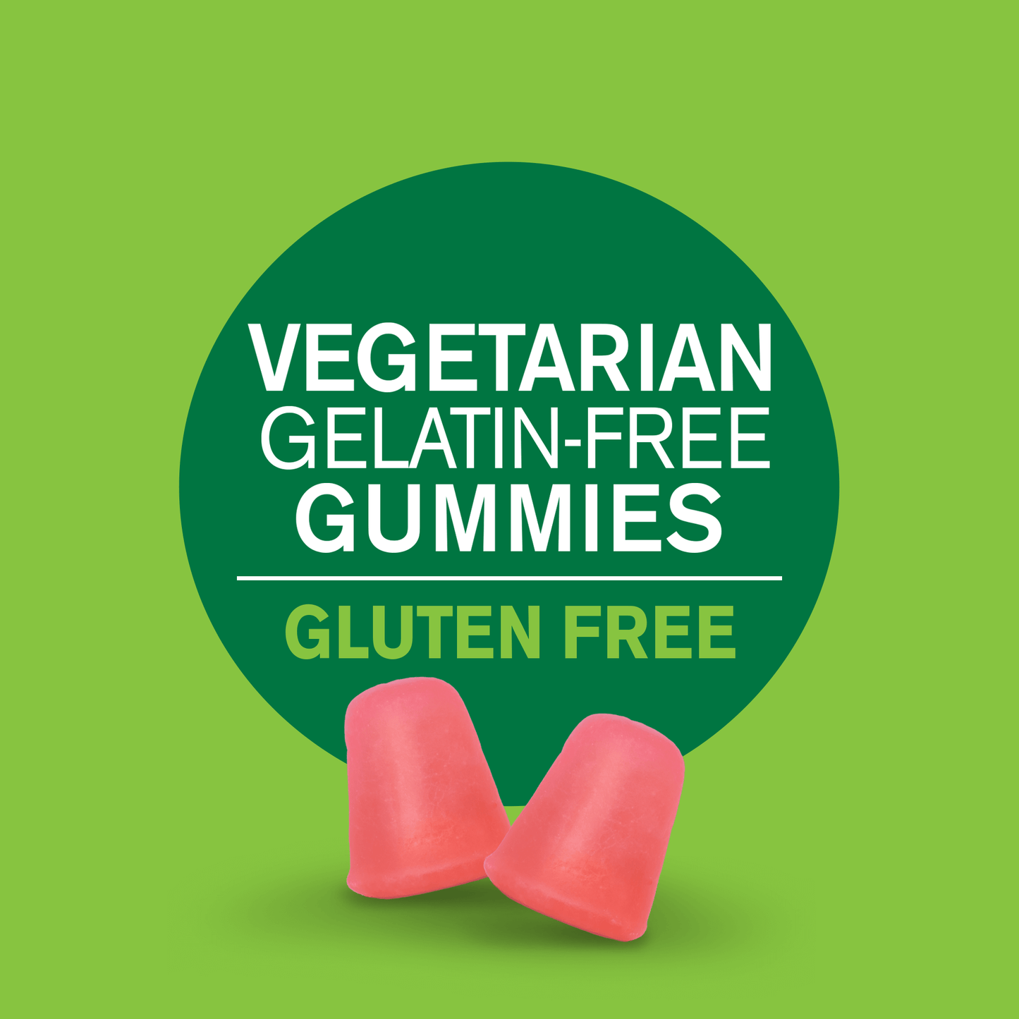 A graphic image with two VitaJoy Melatonin 5 mg gummies and the words vegetarian, gelatin free gummies and gluten free.