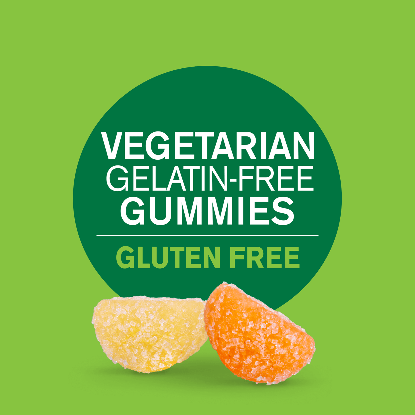 A graphic image with two VitaJoy Daily C 250 mg gummies and the words vegetarian, gelatin free gummies and gluten free.