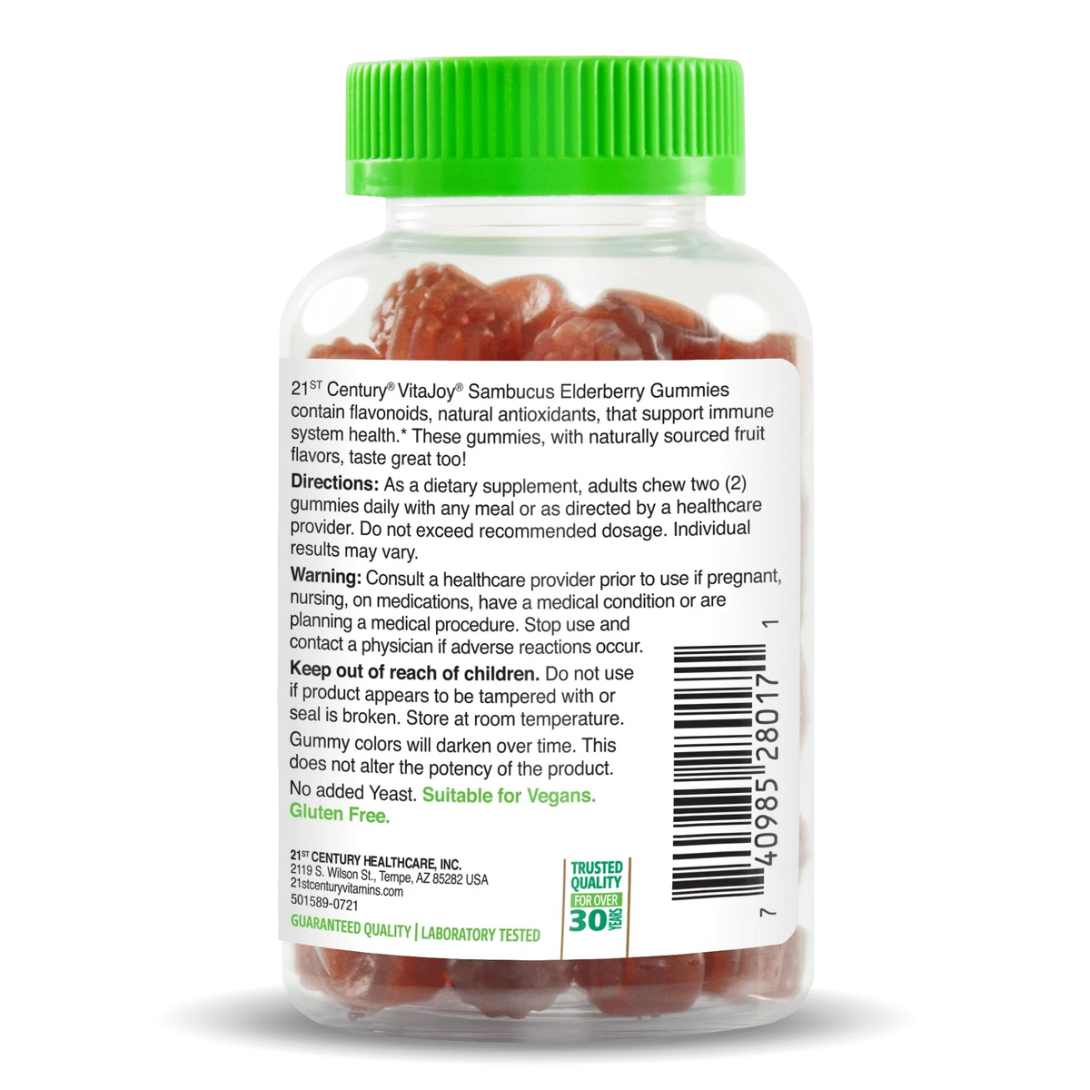 Right side bottle view of 21st Century VitaJoy Sambucus Elderberry 100 mg per serving with vitamin c and zinc gummies.