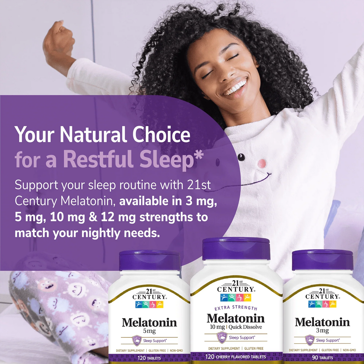 Woman lying in bed with '21st Century Melatonin' bottles displayed.