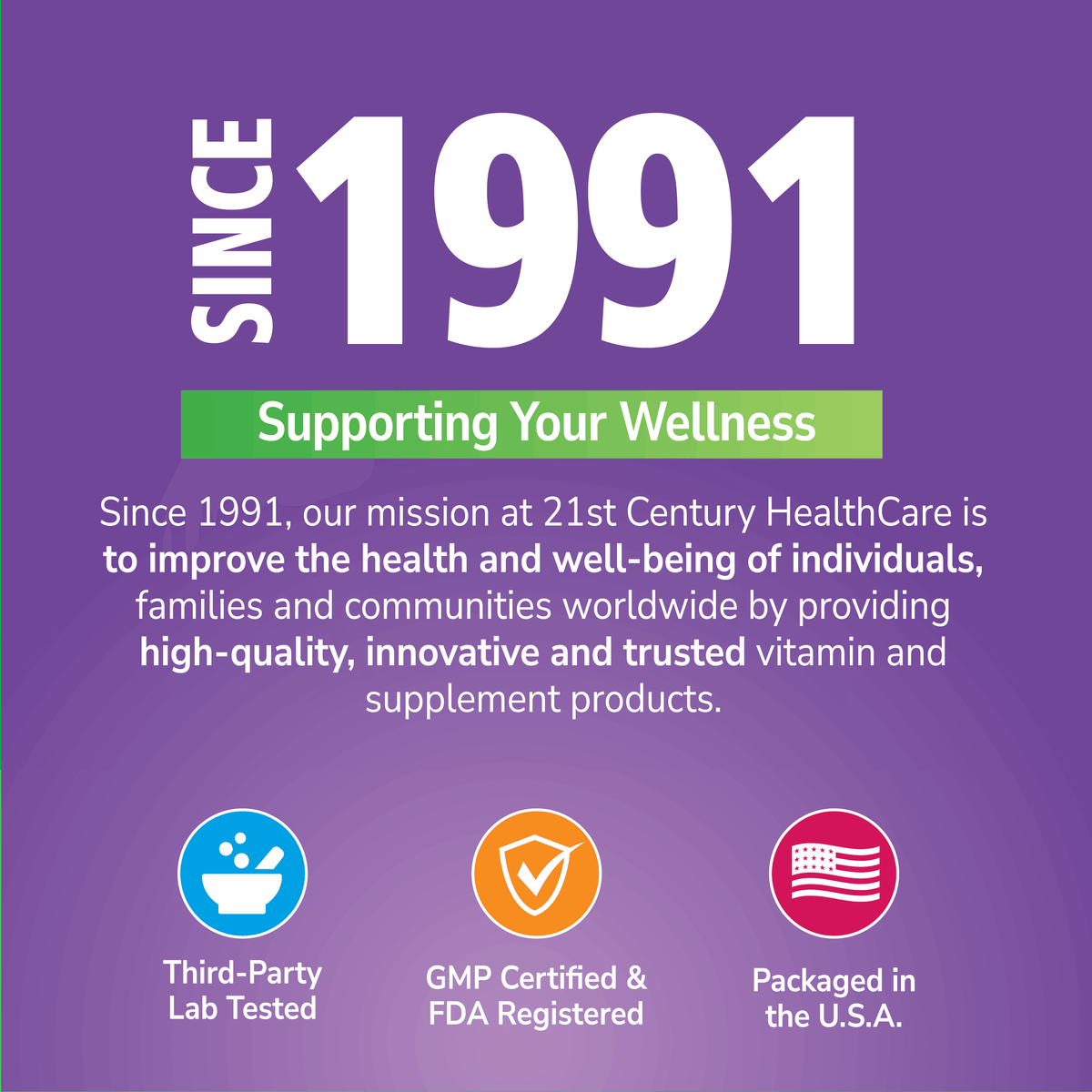 Promotional graphic for 21st Century HealthCare with text and icons on a purple background
