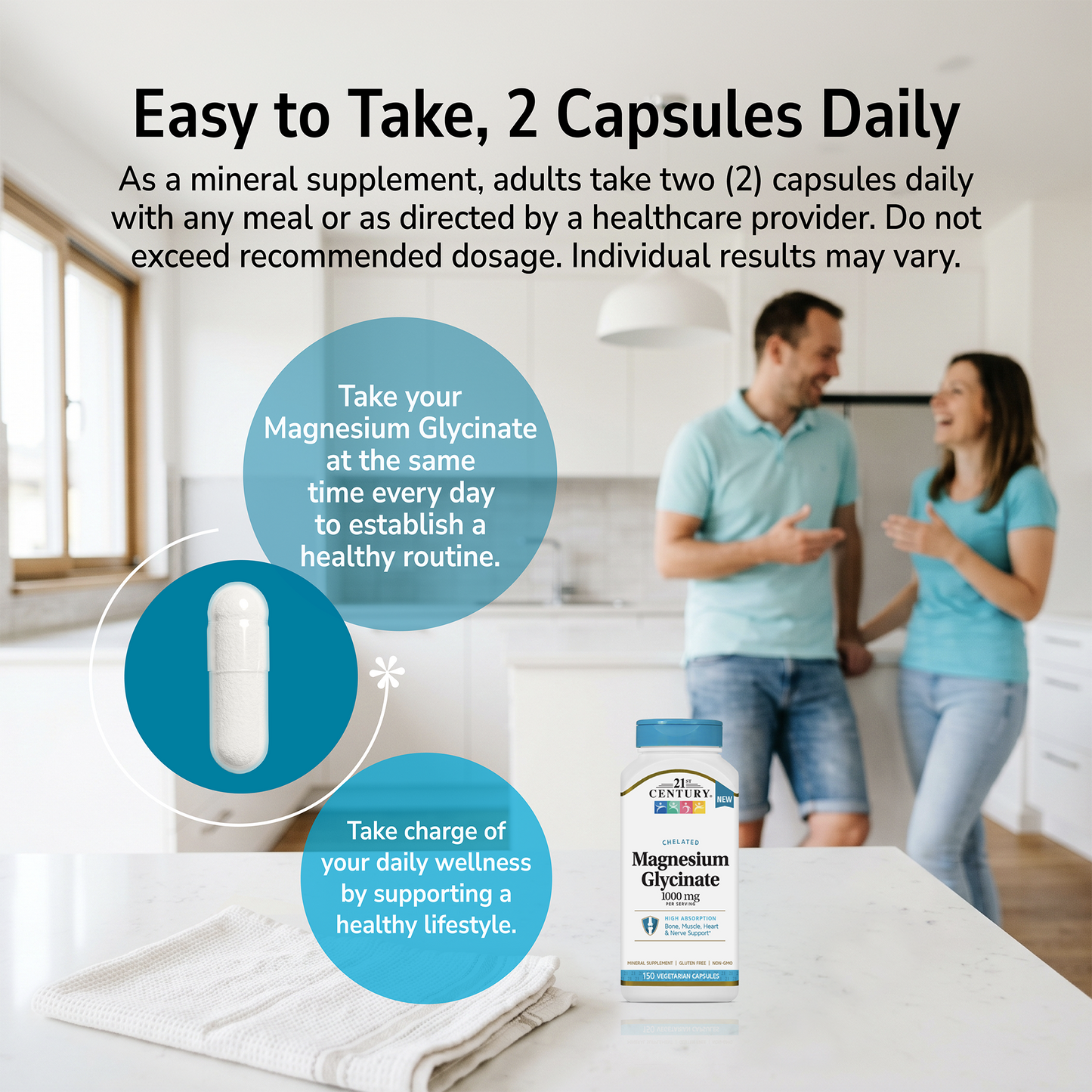 Man and woman smiling indoors with a product advertisement overlay and product directions
