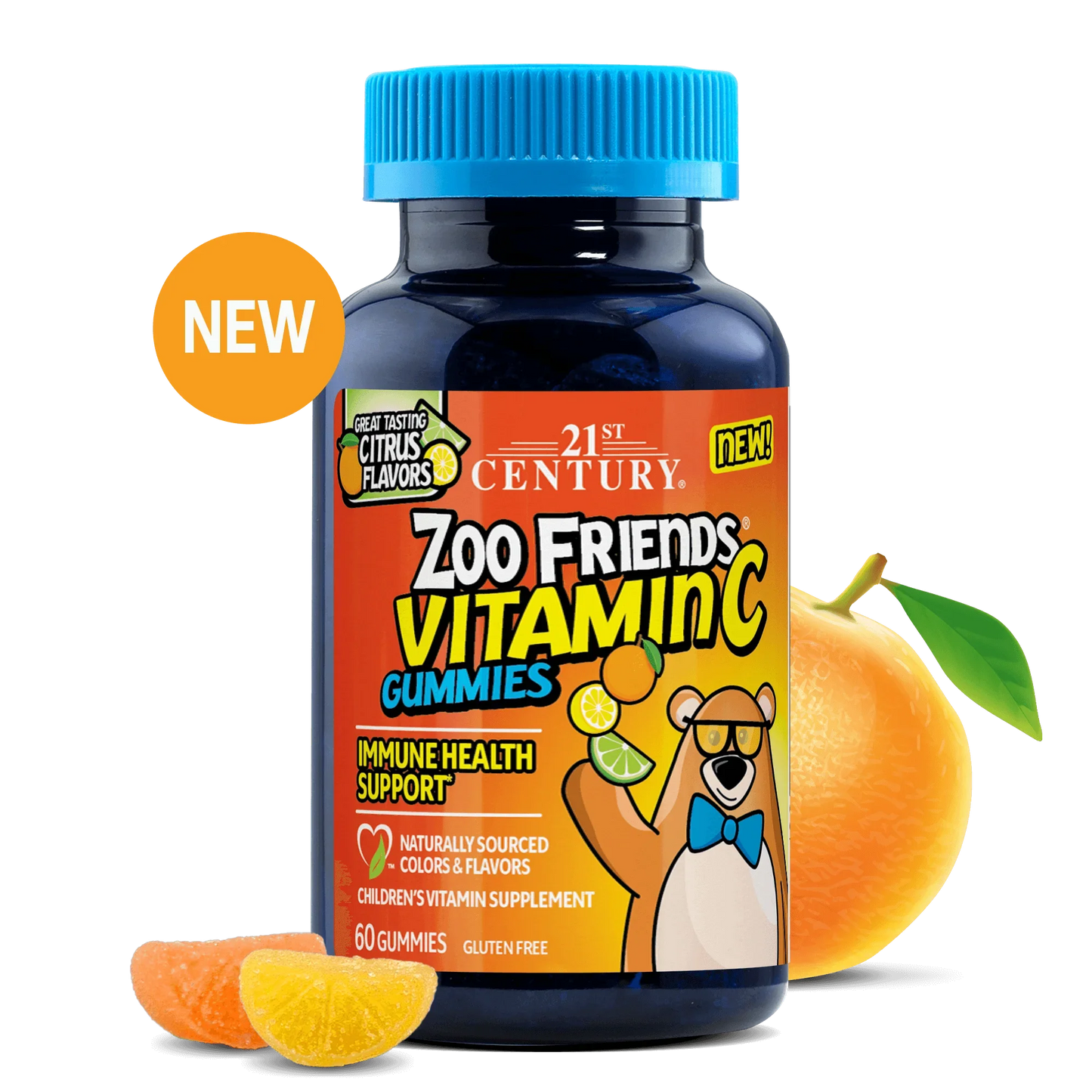 Bottle of 21st Century Zoo Friends Vitamin C Gummies with an orange and cartoon character