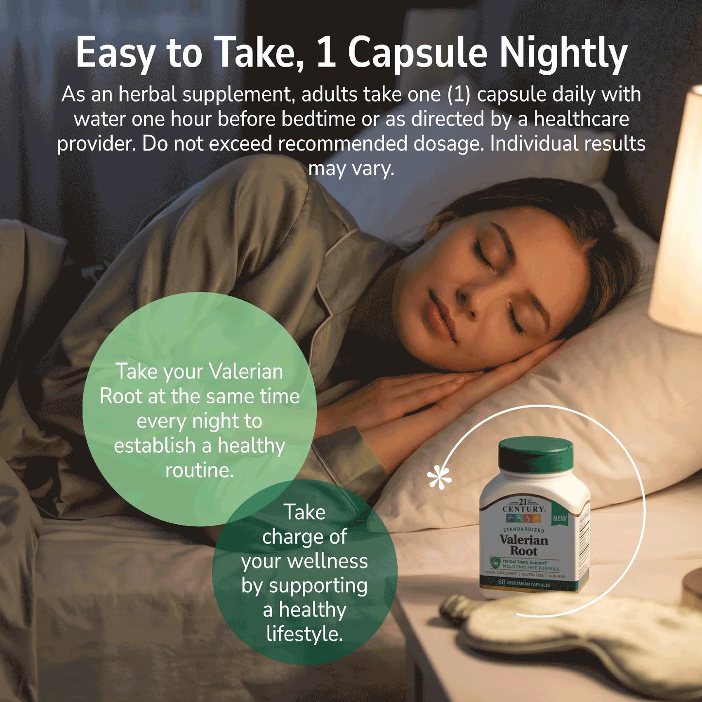 Woman resting indoors with a product advertisement overlay and product directions