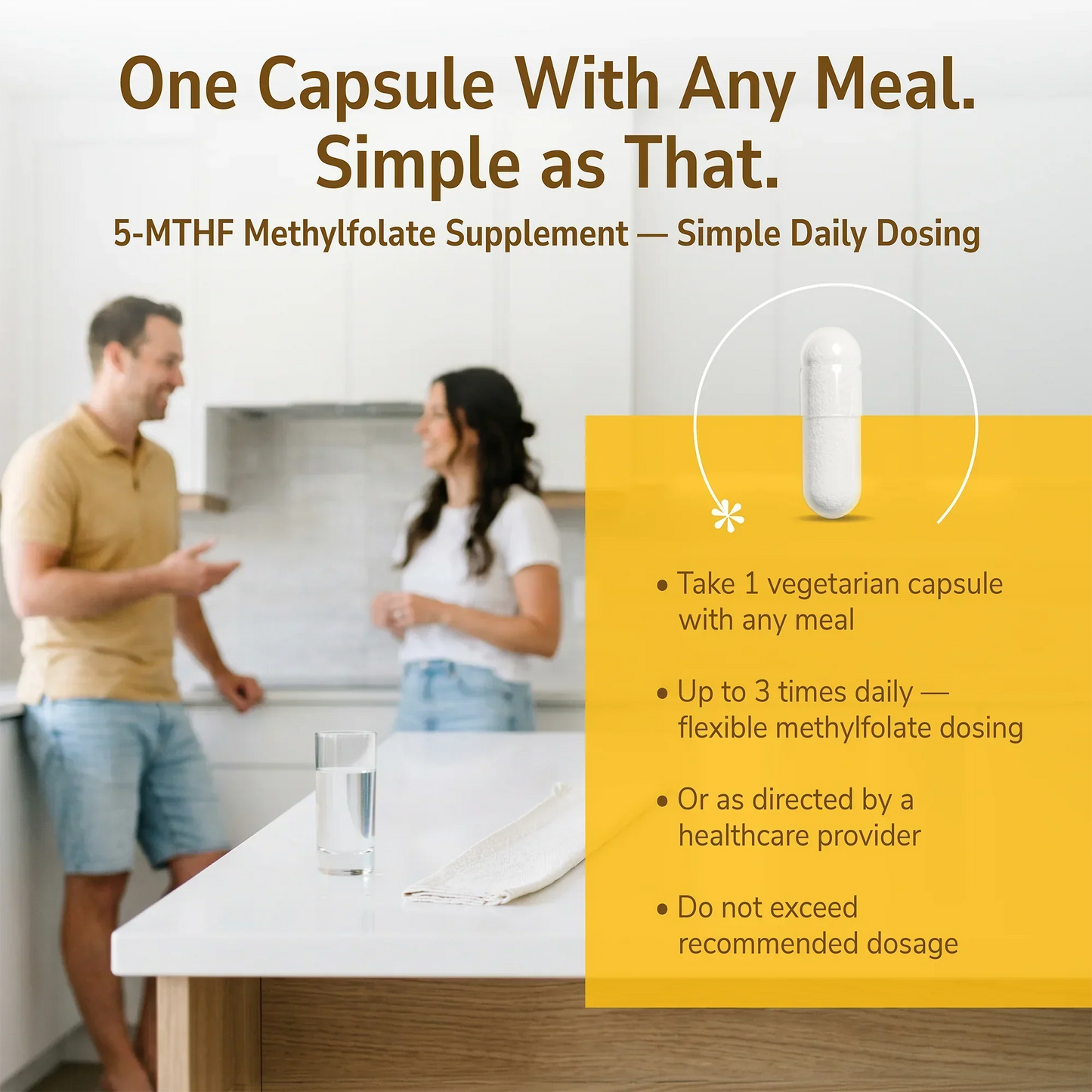 5-MTHF methylfolate supplement capsule with simple daily dosing instructions for easy vitamin intake