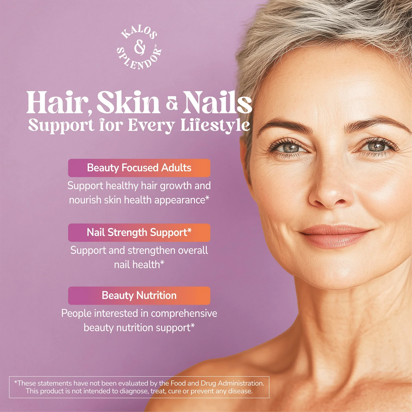 Advertisement for Kalos & Splendor hair, skin, and nails support with a woman's face on a purple background