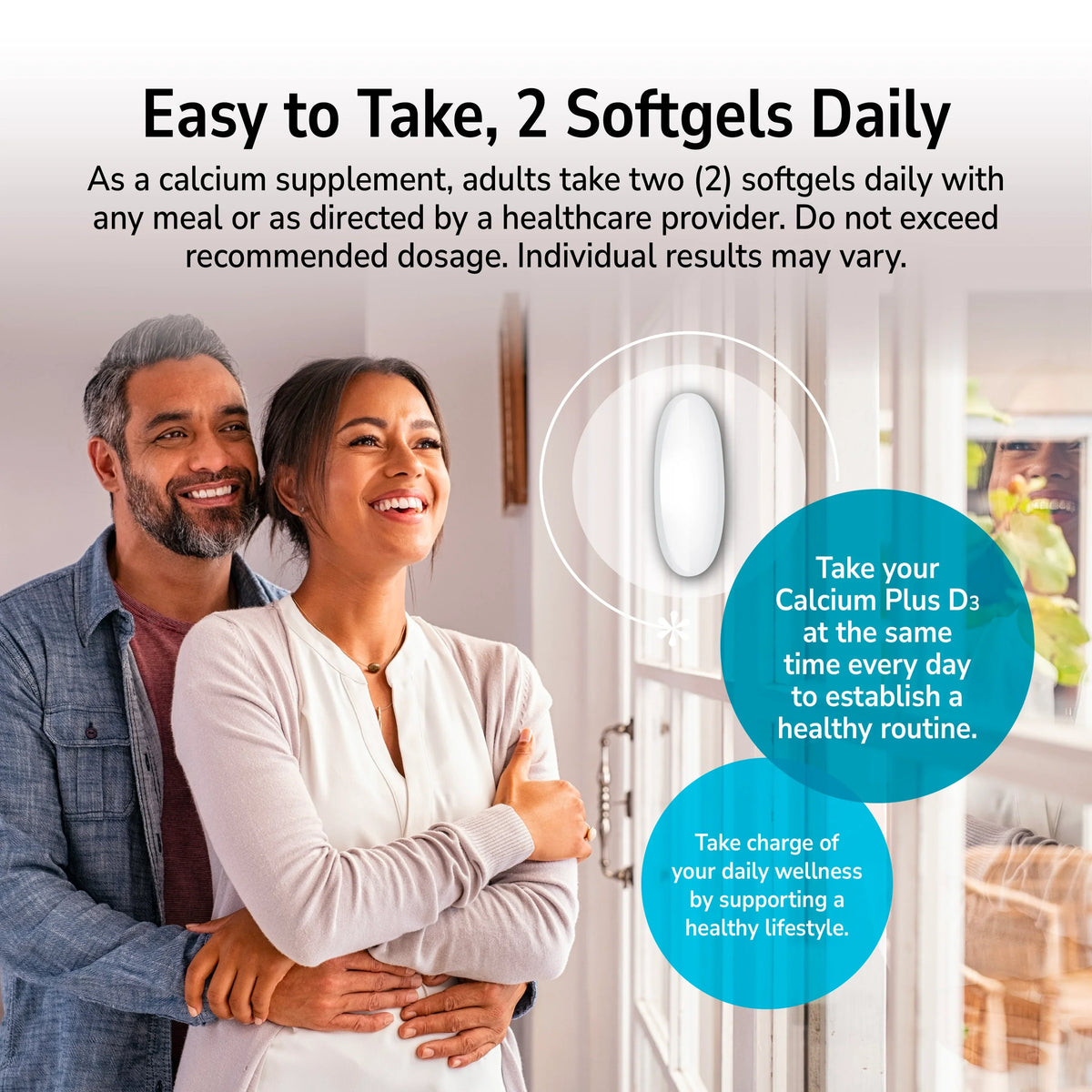 Man and woman smiling indoors with a product advertisement overlay and product directions