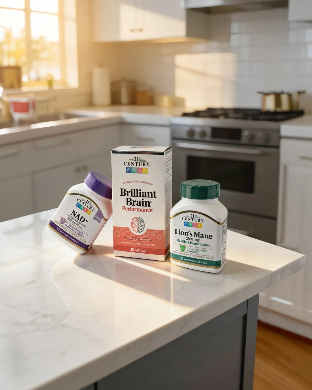 Supplement products on a kitchen counter with a bright and modern kitchen background.