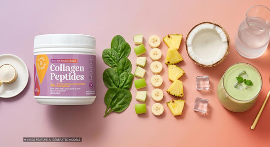 Top view of Collagen Peptides supplement surrounded with ingredients to make a shake.