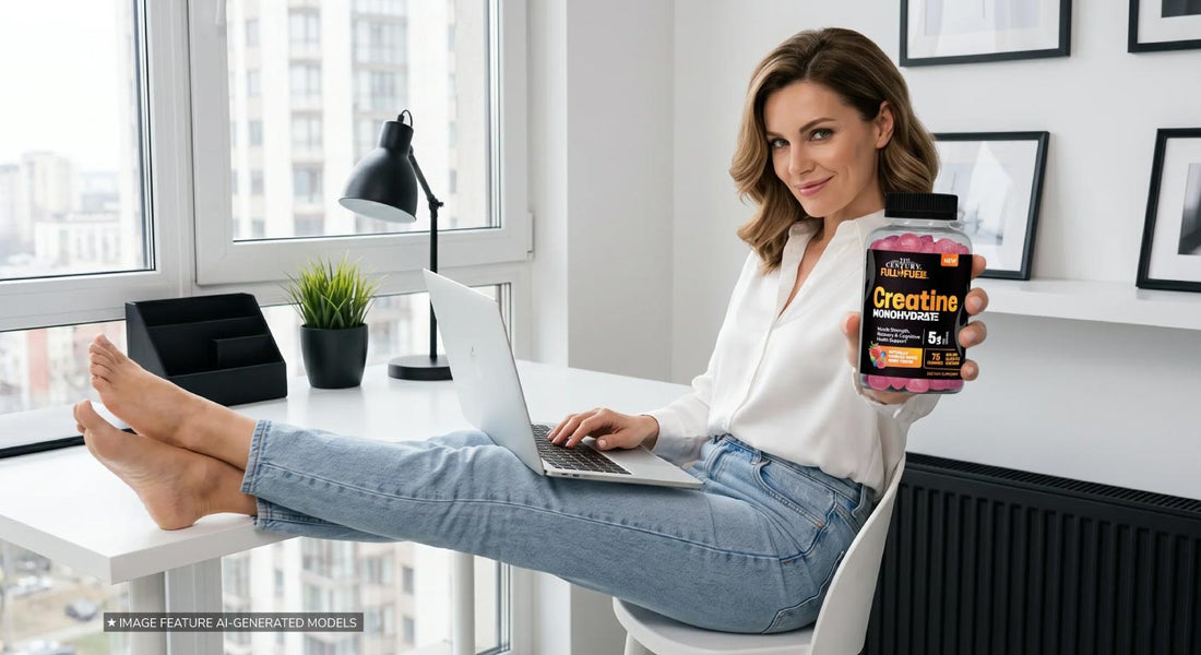 Woman sitting at a desk holding Full Fuel 365 Creatine Gummy supplement container in an office setting.