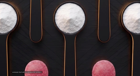 Top down shot of creatine in powder and gummy form.