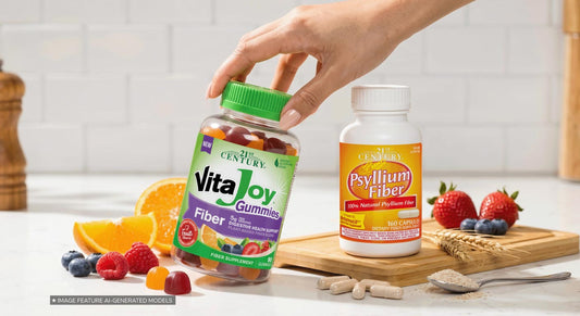 Vitajoy Fiber and Psyllium Fiber sitting on a countertop.