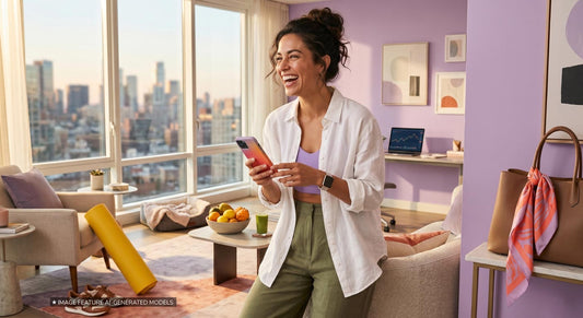 Woman laughing and looking at her cell phone in her bright, sunny, living room.