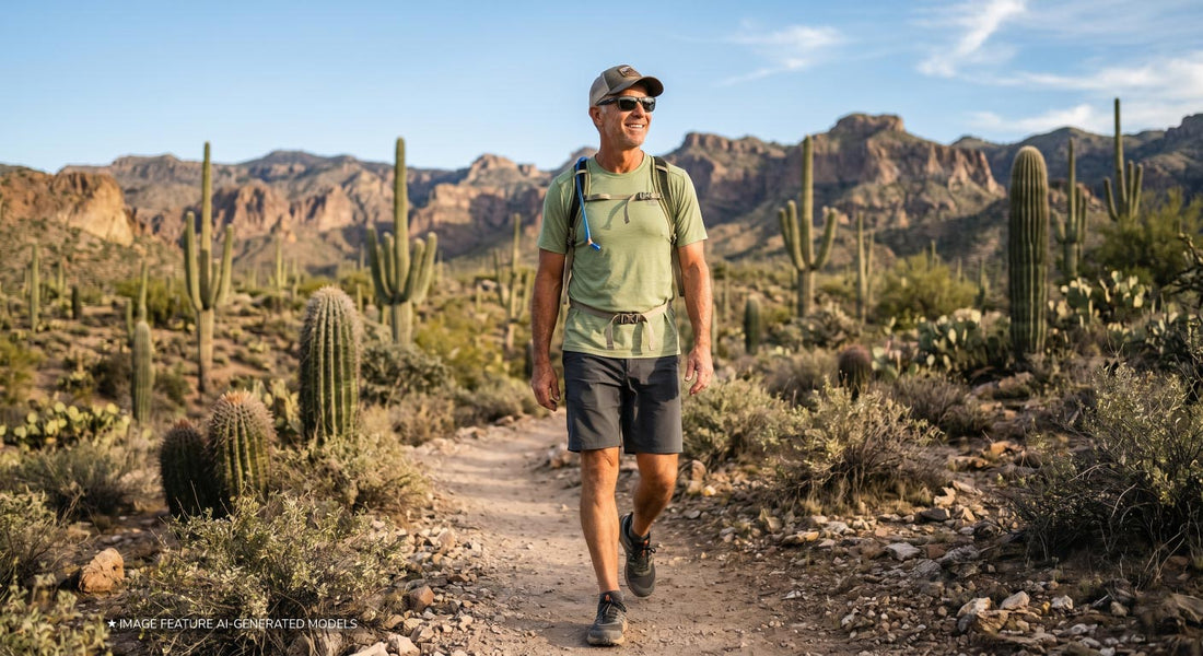 Man hiking in the desert with mountains and cacti in the background.