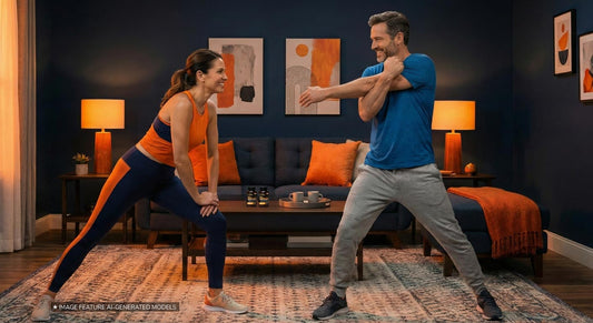 Couple stretching in the middle of their living room.