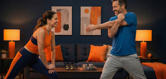Couple stretching in living room